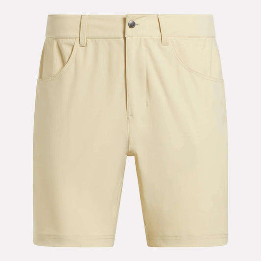 Reebok Men's Favorite Golf Shorts 8.5" in beige, knee-length with front pockets, button and zipper closure, belt loops, and comfortable stretch fabric, shown on a plain white background.