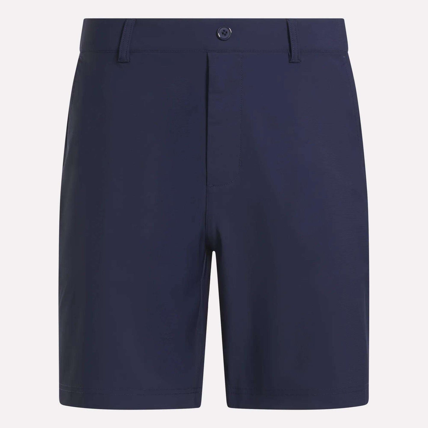 Reebok Men's Favorite Golf Shorts 8.5" in navy blue feature a knee-length cut, flat front, button and zipper closure, belt loops, and stretchy moisture-wicking fabric, shown against a plain white background.