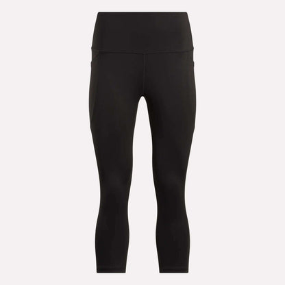 Women's Capri Leggings by Reebok in black, featuring a high waist, ankle length, side pockets, and an adjustable waistband. Shown on a plain white background.