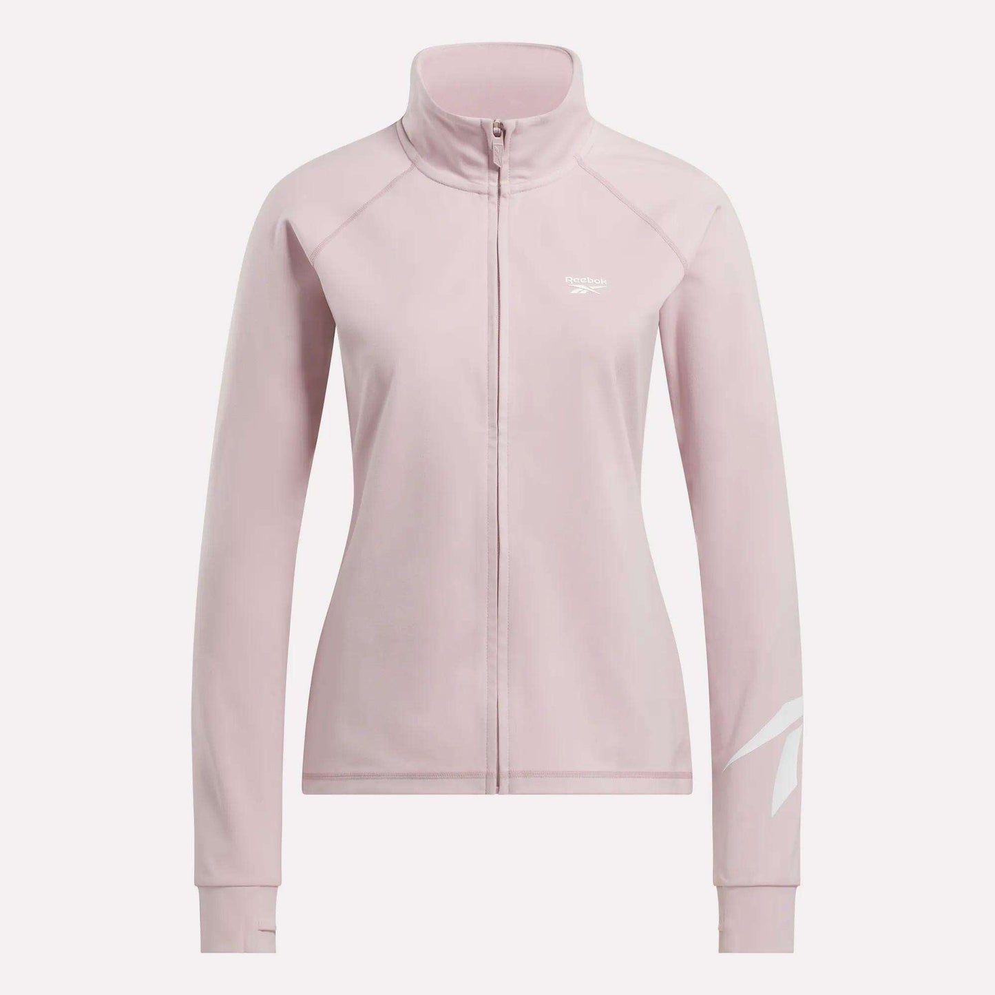 The Reebok Women's Motion Core Full-Zip Hoodie in light pink features long sleeves, a high collar, and white Reebok logos on the chest and lower sleeve—perfect for workouts, shown on a plain white background.