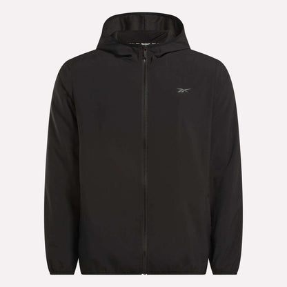 The Reebok Men's Woven Jacket features a plain black zip-up hooded design, long sleeves, relaxed fit, lightweight woven fabric, and a small logo on the left chest.