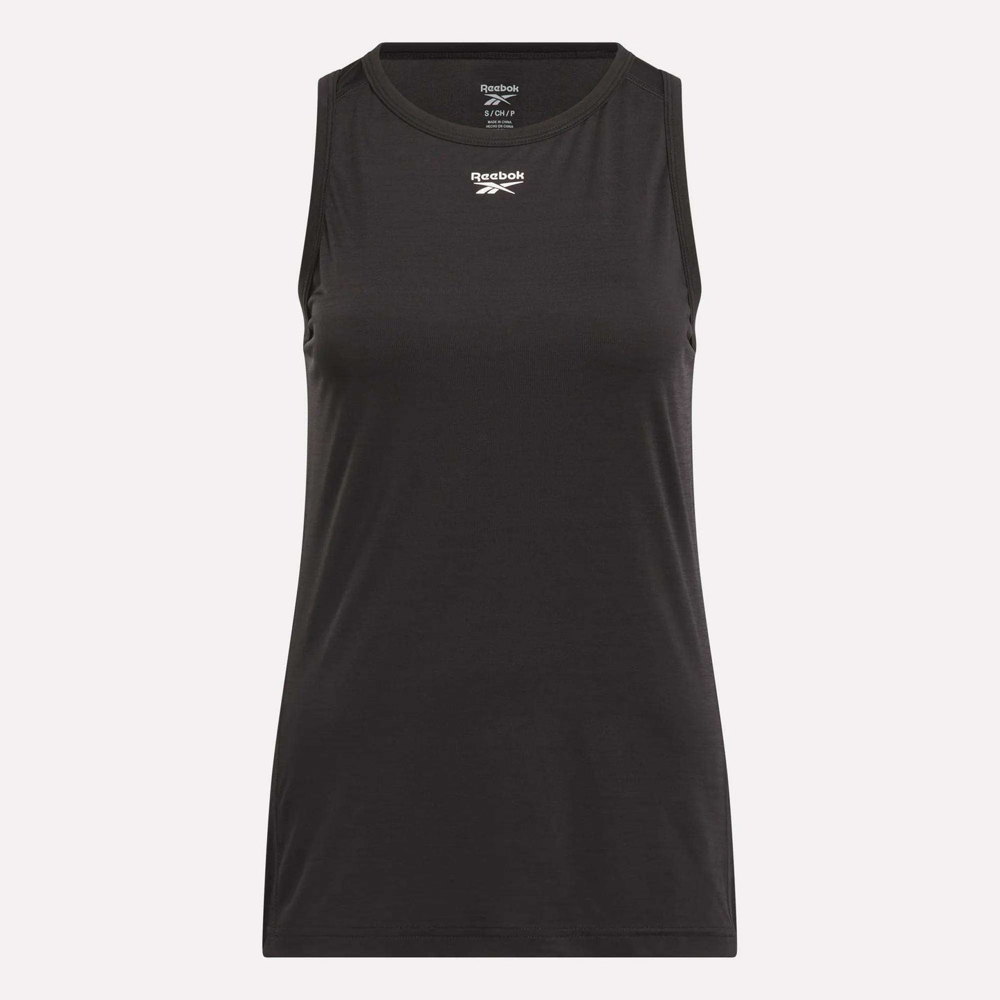 The Reebok Women's Marled Performance Tank Top is sleeveless, black, and features a crew neckline with a white Reebok logo centered on the chest. This simple, athletic workout tank top is shown against a plain light background.