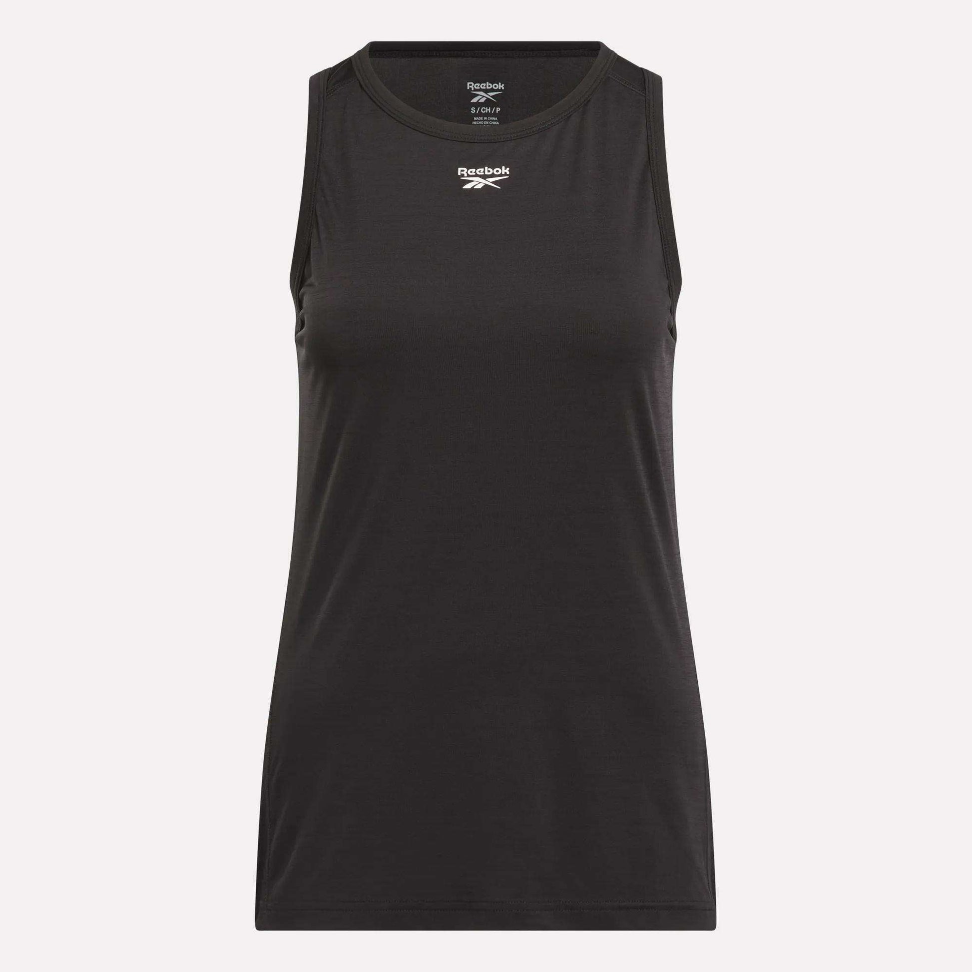 The Reebok Women's Marled Performance Tank Top is sleeveless, black, and features a crew neckline with a white Reebok logo centered on the chest. This simple, athletic workout tank top is shown against a plain light background.