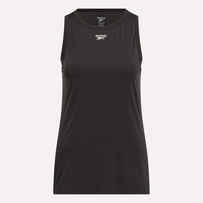 The Reebok Women's Marled Performance Tank Top is sleeveless, black, and features a crew neckline with a white Reebok logo centered on the chest. This simple, athletic workout tank top is shown against a plain light background.