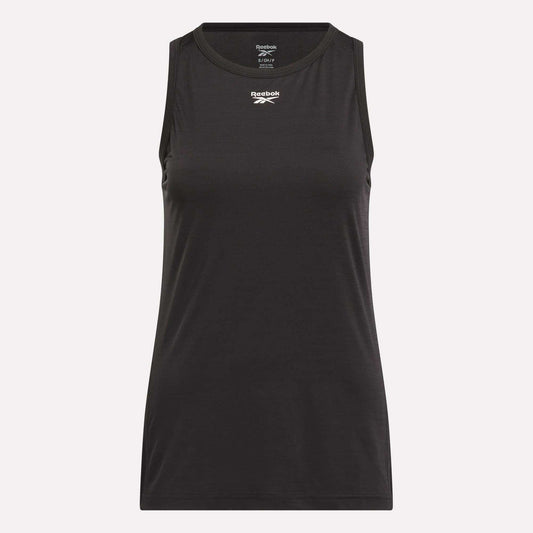 The Reebok Women's Marled Performance Tank Top is sleeveless, black, and features a crew neckline with a white Reebok logo centered on the chest. This simple, athletic workout tank top is shown against a plain light background.