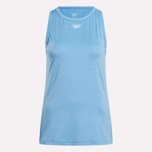 Reebok Women's Marled Performance Tank Top in light blue features a sleeveless design, round neckline, and small white chest logo—ideal for workouts. Displayed on a plain light background.