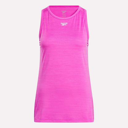 The Women’s Marled Performance Tank Top by Reebok is a sleeveless, bright pink activewear top with a crew neckline and white logo on the chest, shown against a plain white background.