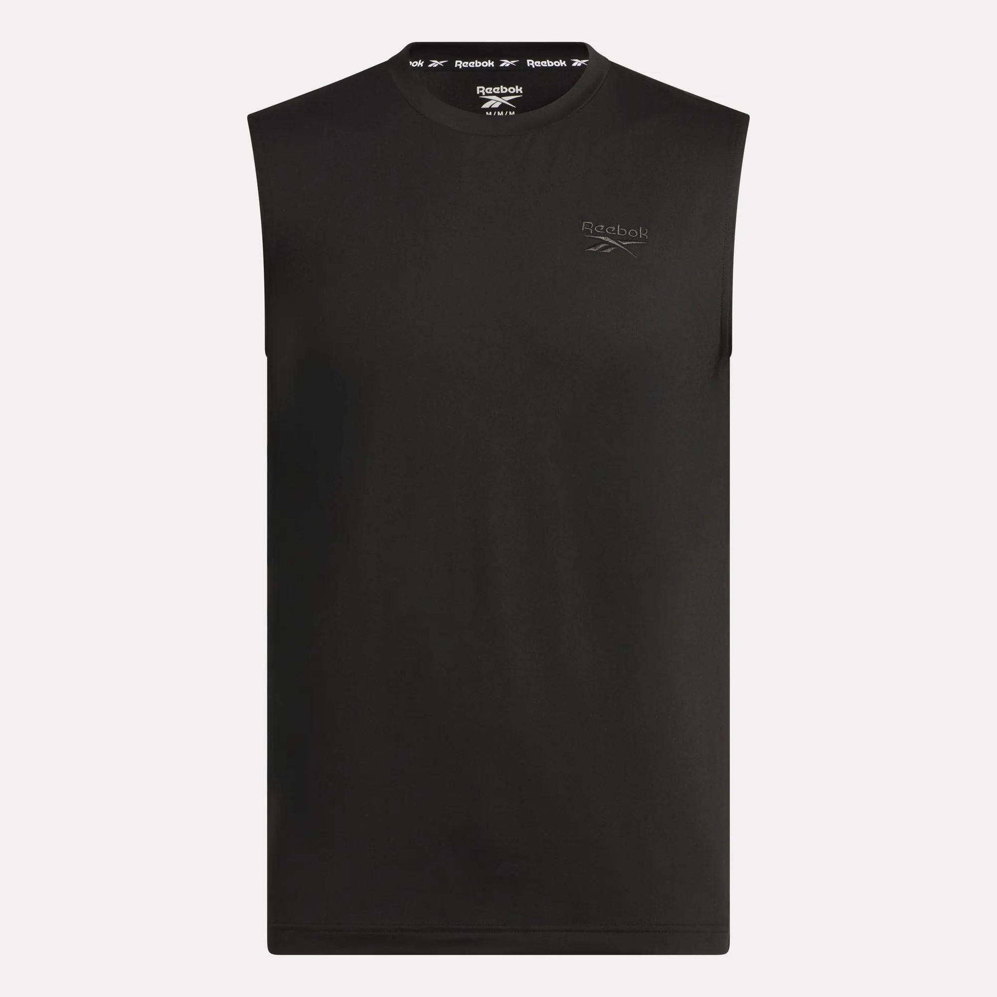 Reebok Men's Elite Sleeveless Top in black, made from cotton flex knit with a crew neck and small Reebok logo on the left chest, shown against a plain light background.