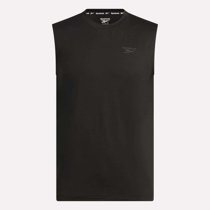 Reebok Men's Elite Sleeveless Top in black, made from cotton flex knit with a crew neck and small Reebok logo on the left chest, shown against a plain light background.