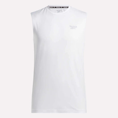 The Reebok Men's Elite Sleeveless Top, shown against a light background, features a crew neck, flex knit cotton material, and a subtle upper-left chest logo.