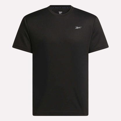 The Men's Director Short Sleeve Top by Reebok is a plain black, stretchy workout t-shirt with short sleeves and a small white Reebok logo on the left chest, shown against a white background.