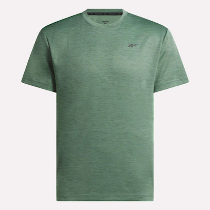 The Reebok Men's Director Short Sleeve Top is a plain, heathered green training tee with short sleeves, a crew neck, and a small Reebok logo on the left chest.
