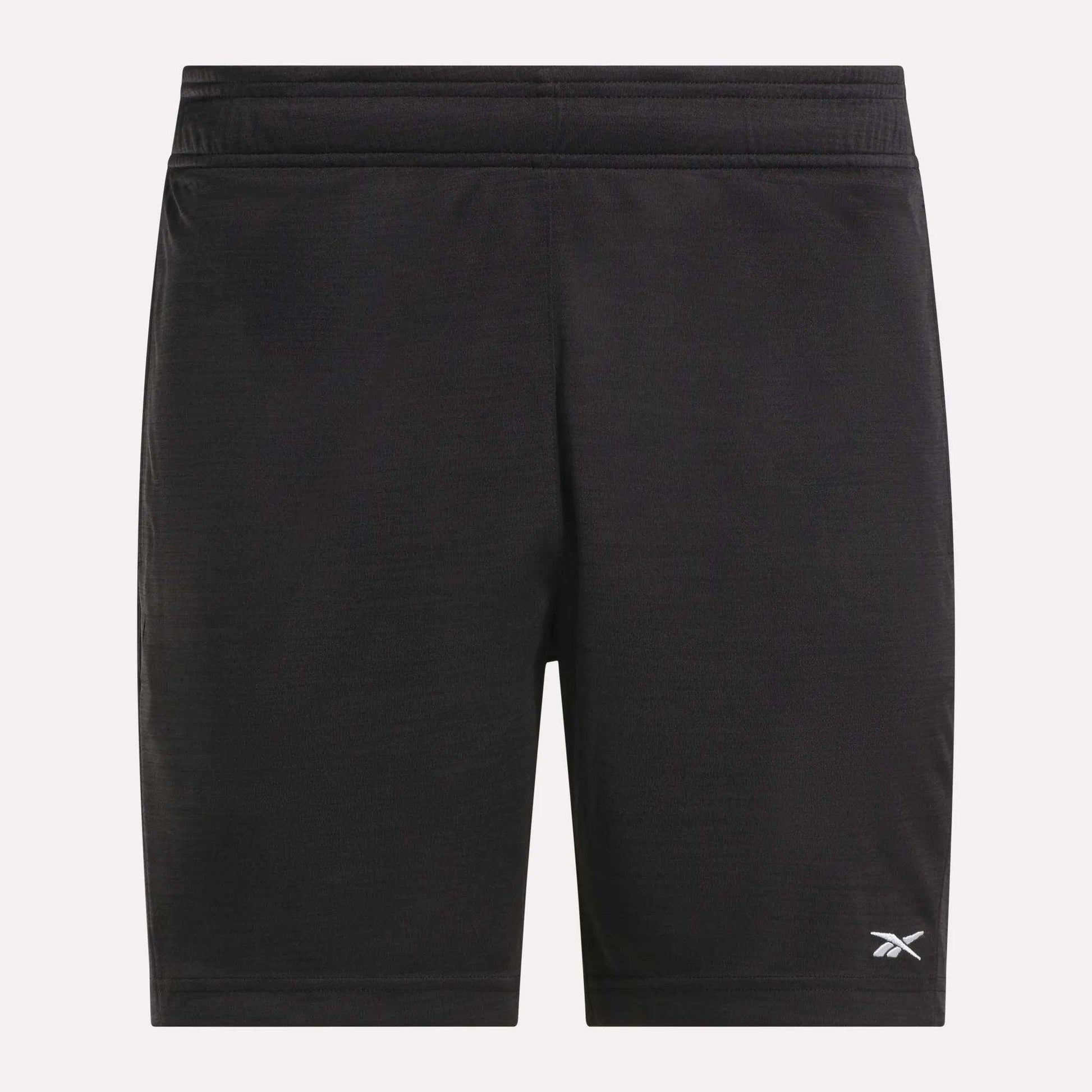 Men's Inclination Shorts by Reebok—black training shorts with an elastic waistband and a small white Reebok logo on the lower left leg. Shown on a plain white background, ideal for men's workout routines.