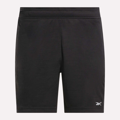 Men's Inclination Shorts by Reebok—black training shorts with an elastic waistband and a small white Reebok logo on the lower left leg. Shown on a plain white background, ideal for men's workout routines.