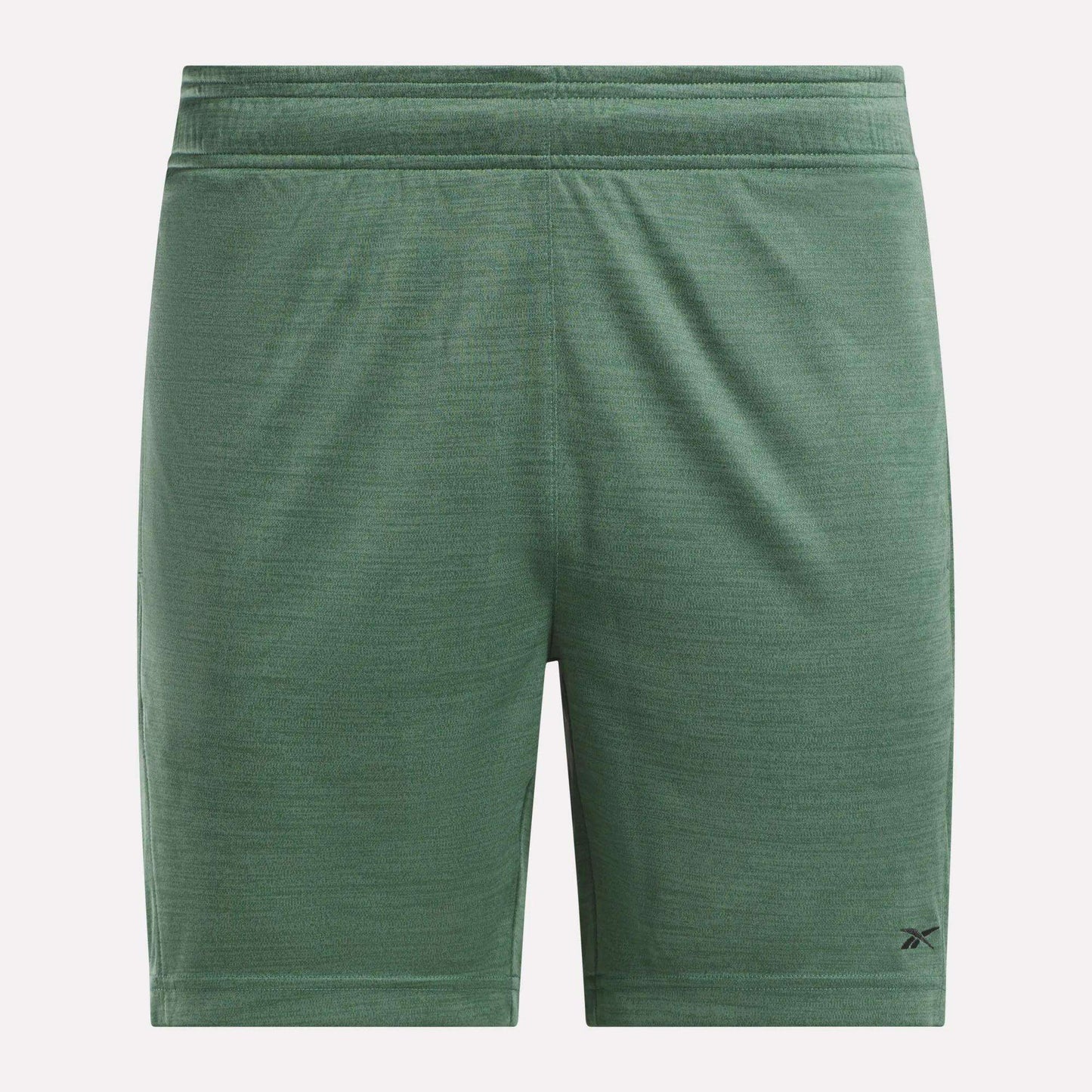Reebok Men's Inclination Shorts in green with a subtle texture, elastic waistband, and small black logo by the left hem. These performance shorts are shown on a plain white background.