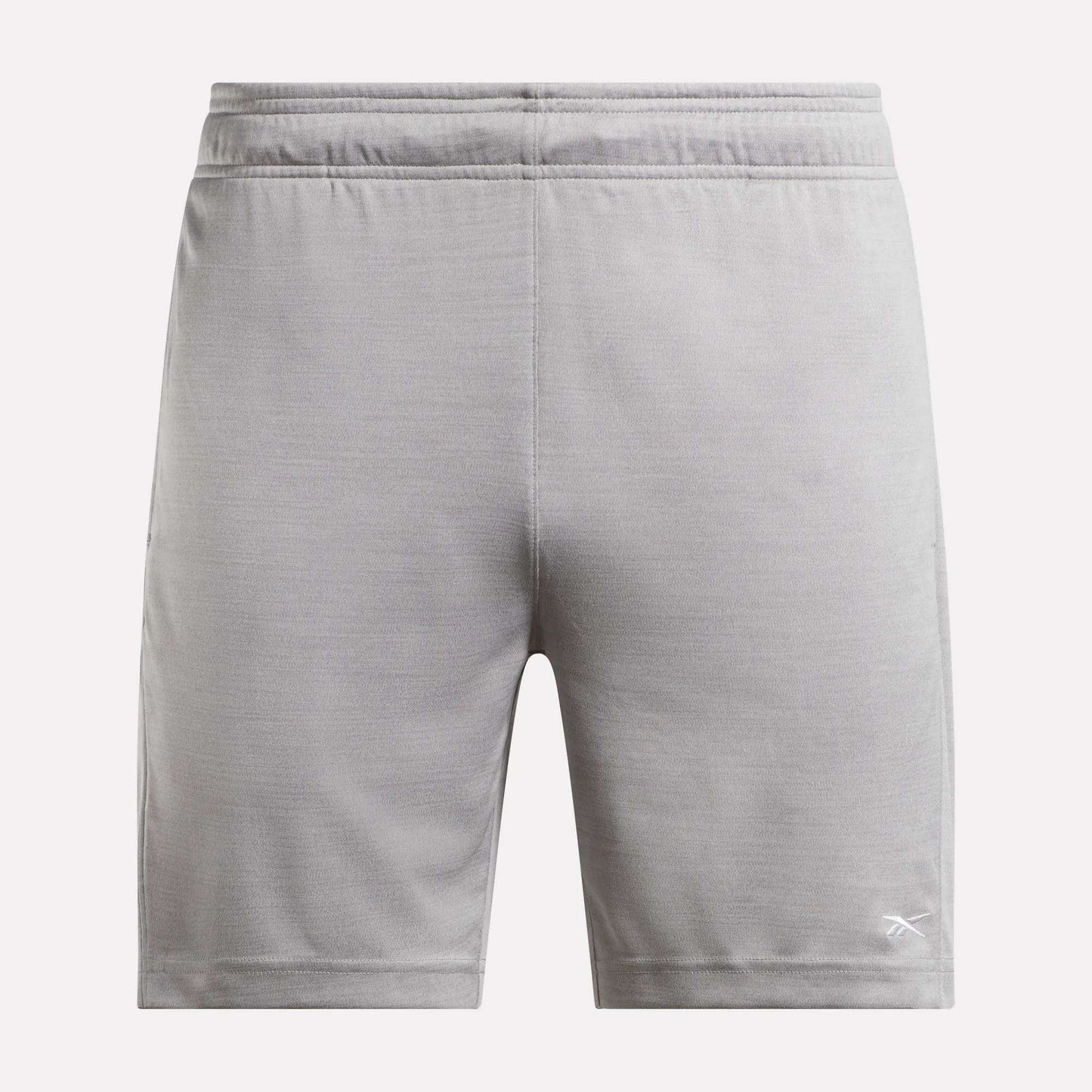 The Reebok Men's Inclination Shorts feature an elastic waistband and a white logo on the lower left leg, shown from the back in light gray—a versatile choice for men's workouts.