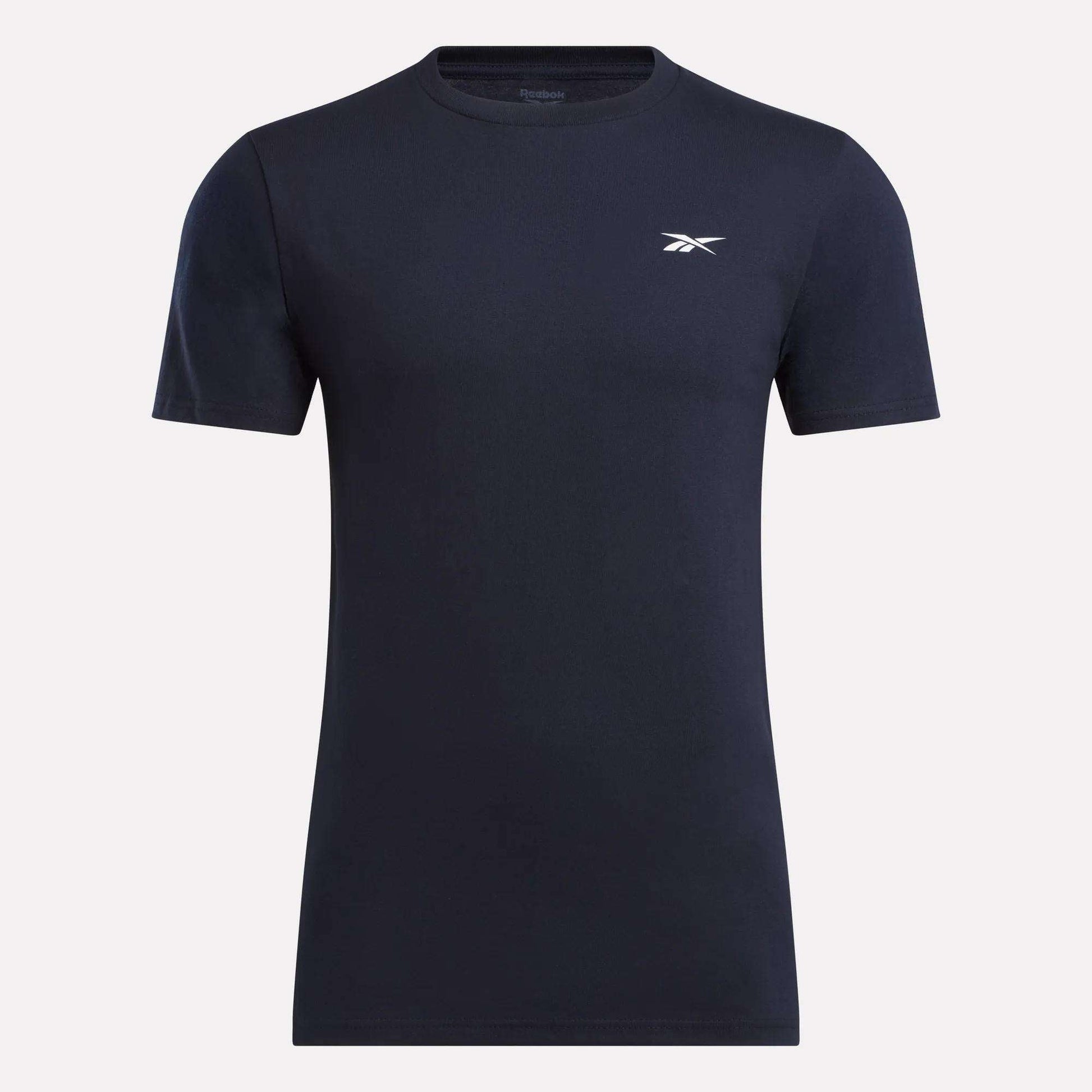 The Reebok Men's Small Logo T-Shirt features a plain navy blue relaxed fit with a small white logo on the left chest, shown on a white background.