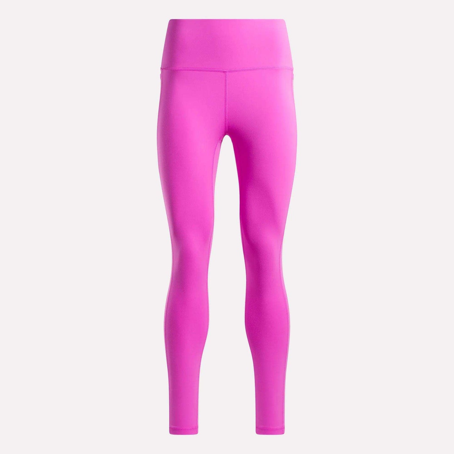 The Reebok Women's Odyssey High-Rise 7/8 Leggings feature a bright pink hue, smooth fitted design, and modern cropped length, shown on a plain light background for stylish activewear appeal.