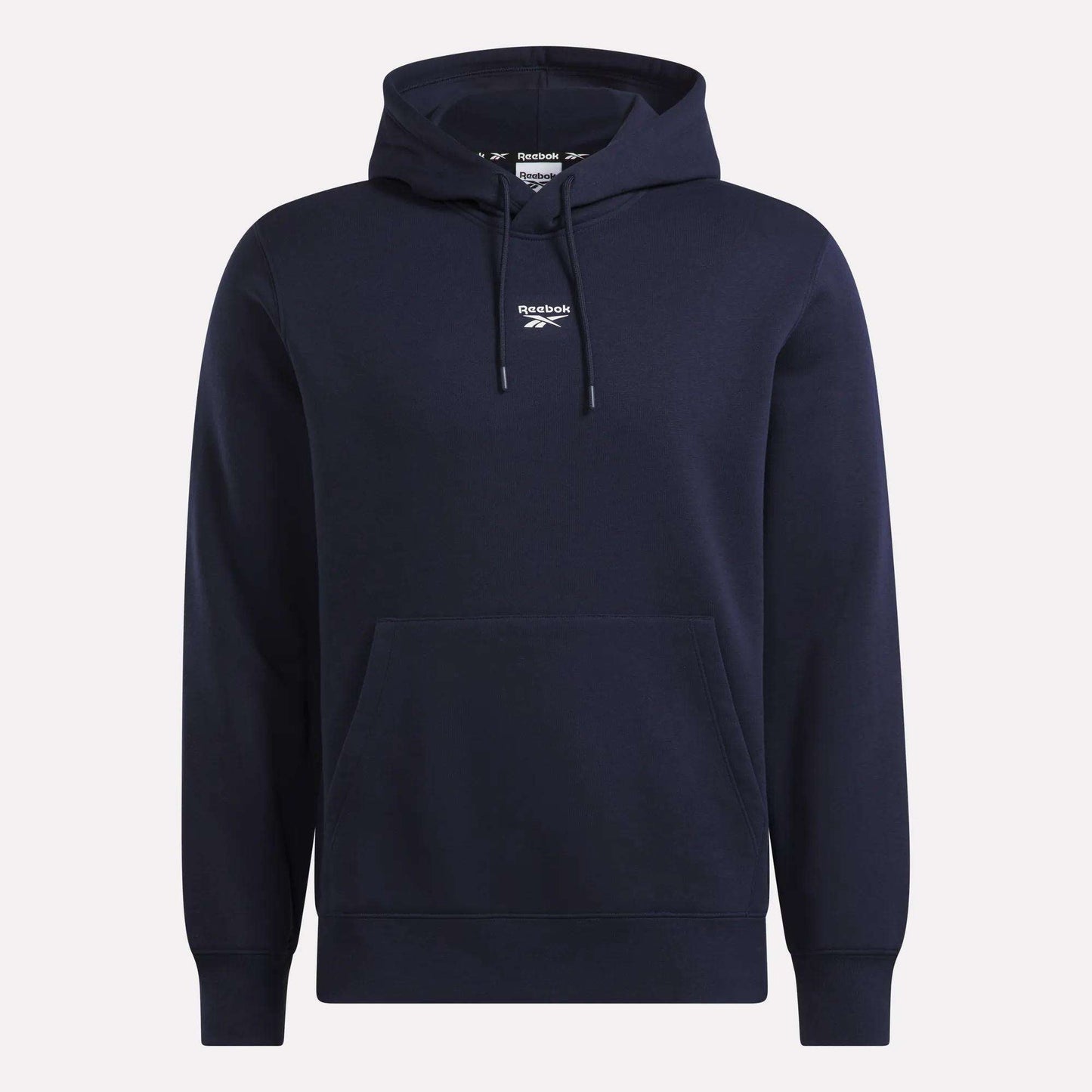 The Reebok Men's Finisher Hoodie in navy blue features a front pocket and a small Reebok logo on the chest, and is displayed against a plain white background.