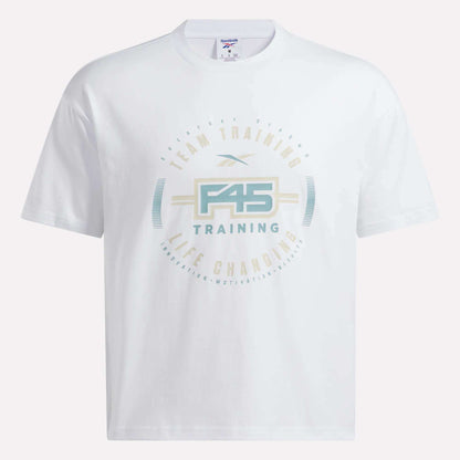 The Reebok X F45 Training Graphic T-Shirt by Reebok features the official F45 logo and circular "Team Training, Life Changing" text in soft pastel blue, tan, and beige. Designed as a men’s workout shirt with a relaxed fit, this t-shirt offers both comfort and style with no visible background for a clean look.