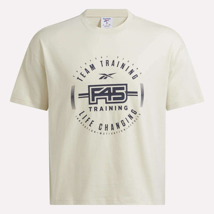 The Reebok X F45 Training Graphic T-Shirt by Reebok showcases the "F45 Training" logo and the phrase “Team Training, Life Changing” in a circular design on the front—an essential fitness tee for any active lifestyle.