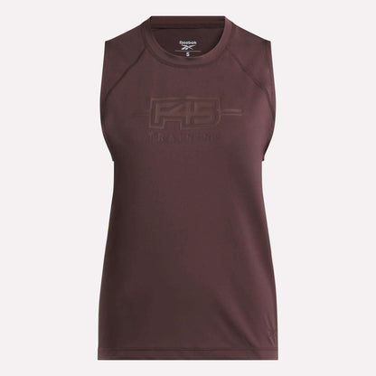Introducing the Women's Reebok x F45 Training Tank Top—a sleeveless maroon athletic piece featuring "F45 TRAINING" embossed on the front chest. Crafted from premium, sweat-wicking materials, this tank top keeps you cool and comfortable throughout your workouts. The simple, fitted design is complemented by a Reebok logo on the inside neck label, showcasing authentic Reebok performance.