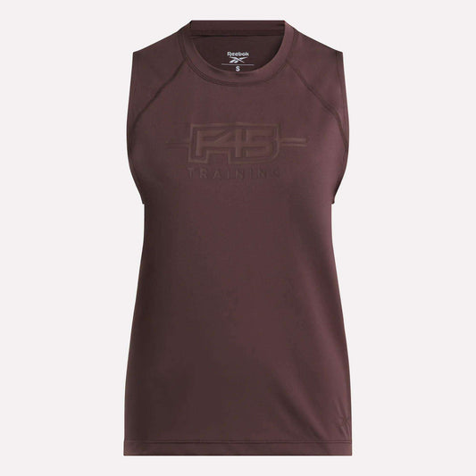 Introducing the Women's Reebok x F45 Training Tank Top—a sleeveless maroon athletic piece featuring "F45 TRAINING" embossed on the front chest. Crafted from premium, sweat-wicking materials, this tank top keeps you cool and comfortable throughout your workouts. The simple, fitted design is complemented by a Reebok logo on the inside neck label, showcasing authentic Reebok performance.
