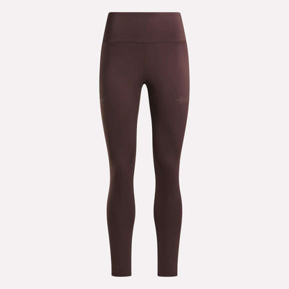 High-waisted, full-length Women's Reebok x F45 Training Leggings in Dark Cocoa displayed on a plain light background, shown from the front with no visible logos or patterns—ideal for F45 Training and other activities where supportive leggings are essential.