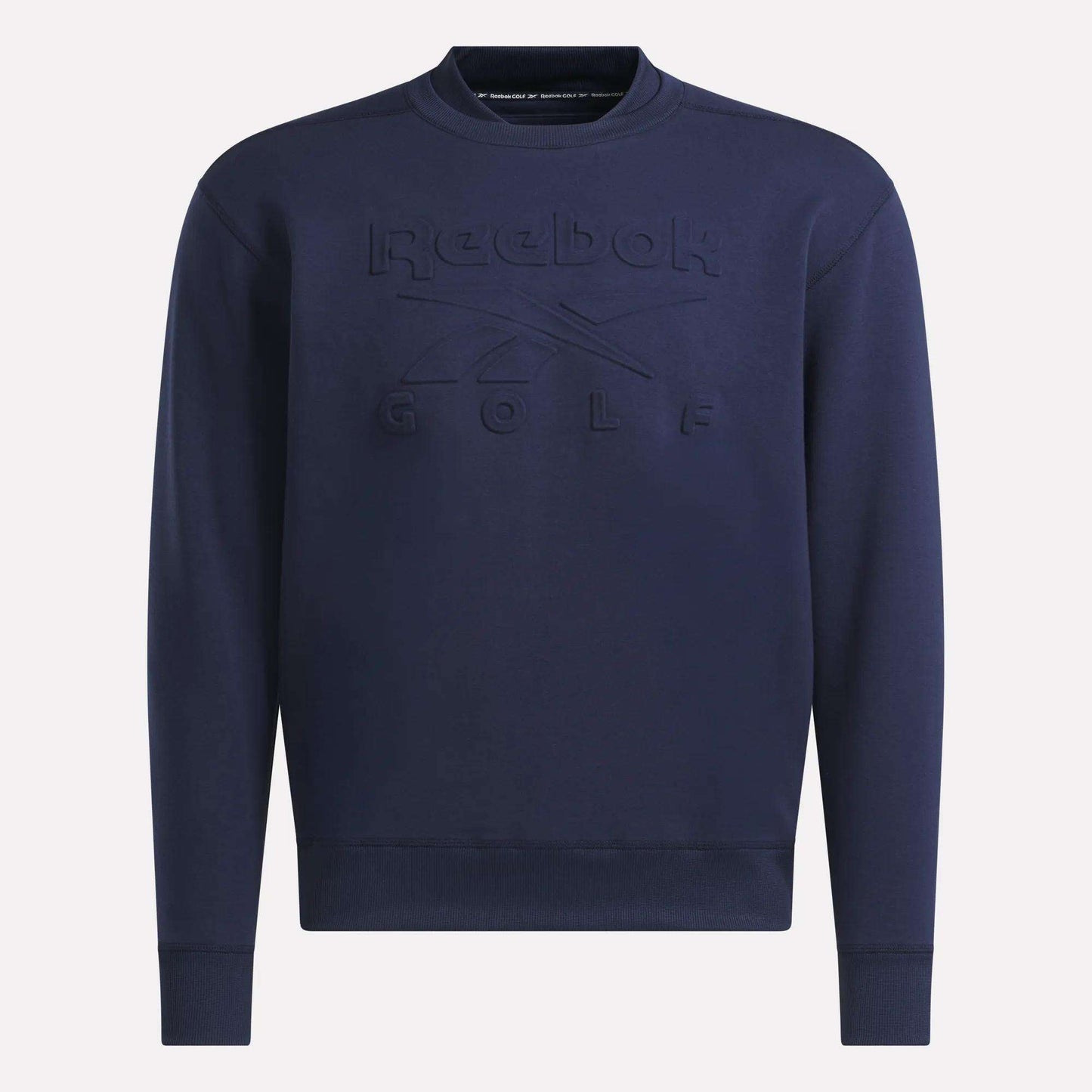 The Men's Signature Golf Crewneck Sweatshirt by Reebok is a navy blue pullover designed for men, featuring the Reebok Golf name and logo embossed on the front. This quick-drying crewneck sweatshirt offers comfort and performance both on and off the golf course.