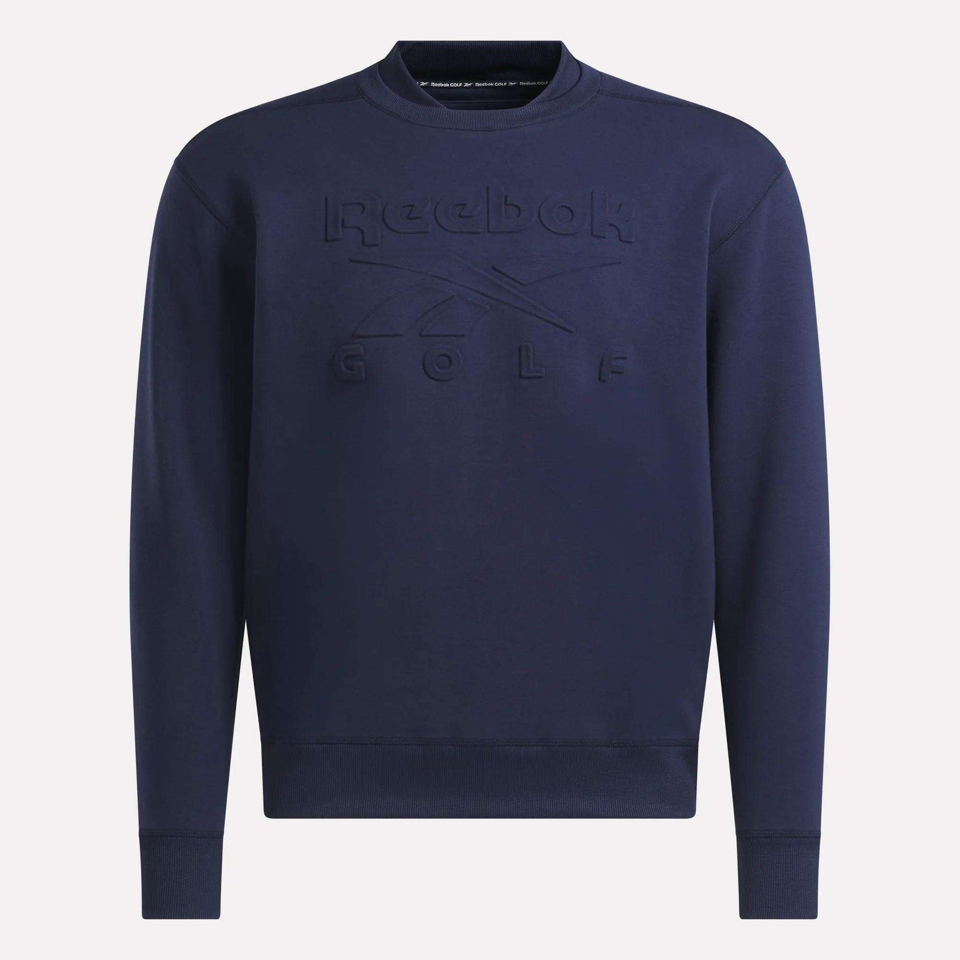 The Men's Signature Golf Crewneck Sweatshirt by Reebok is a navy blue pullover designed for men, featuring the Reebok Golf name and logo embossed on the front. This quick-drying crewneck sweatshirt offers comfort and performance both on and off the golf course.