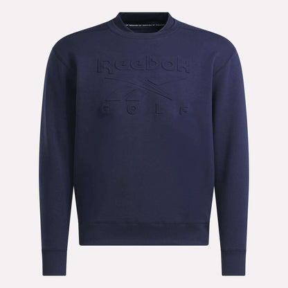 The Men's Signature Golf Crewneck Sweatshirt by Reebok is a navy blue pullover designed for men, featuring the Reebok Golf name and logo embossed on the front. This quick-drying crewneck sweatshirt offers comfort and performance both on and off the golf course.