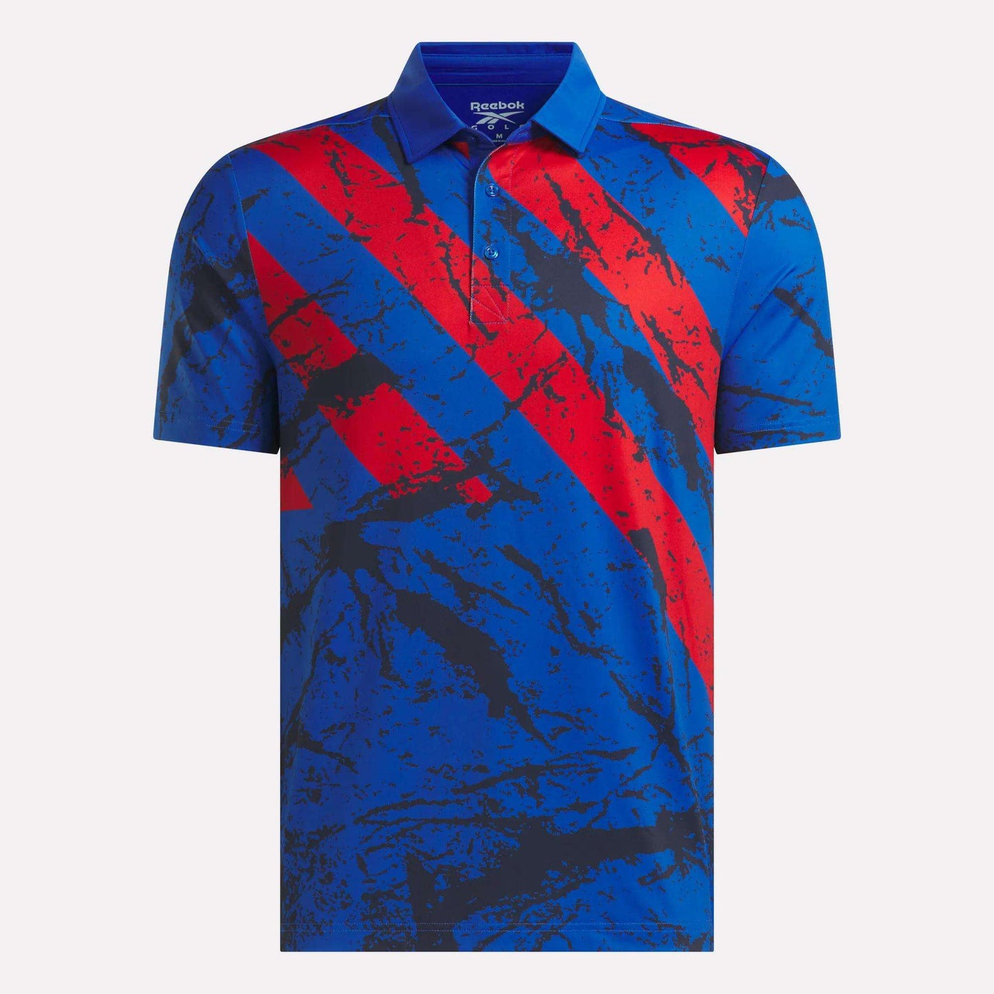 A blue Reebok Men's Tournament Polo Shirt featuring a red and black abstract diagonal pattern across the front and a classic collar, crafted from performance jersey fabric for comfort on and off the course.