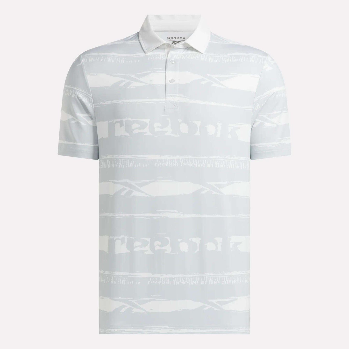 A Men's Tournament Polo Shirt by Reebok, featuring light gray abstract horizontal stripes on a white fabric and a buttoned collar, is displayed on a plain background.