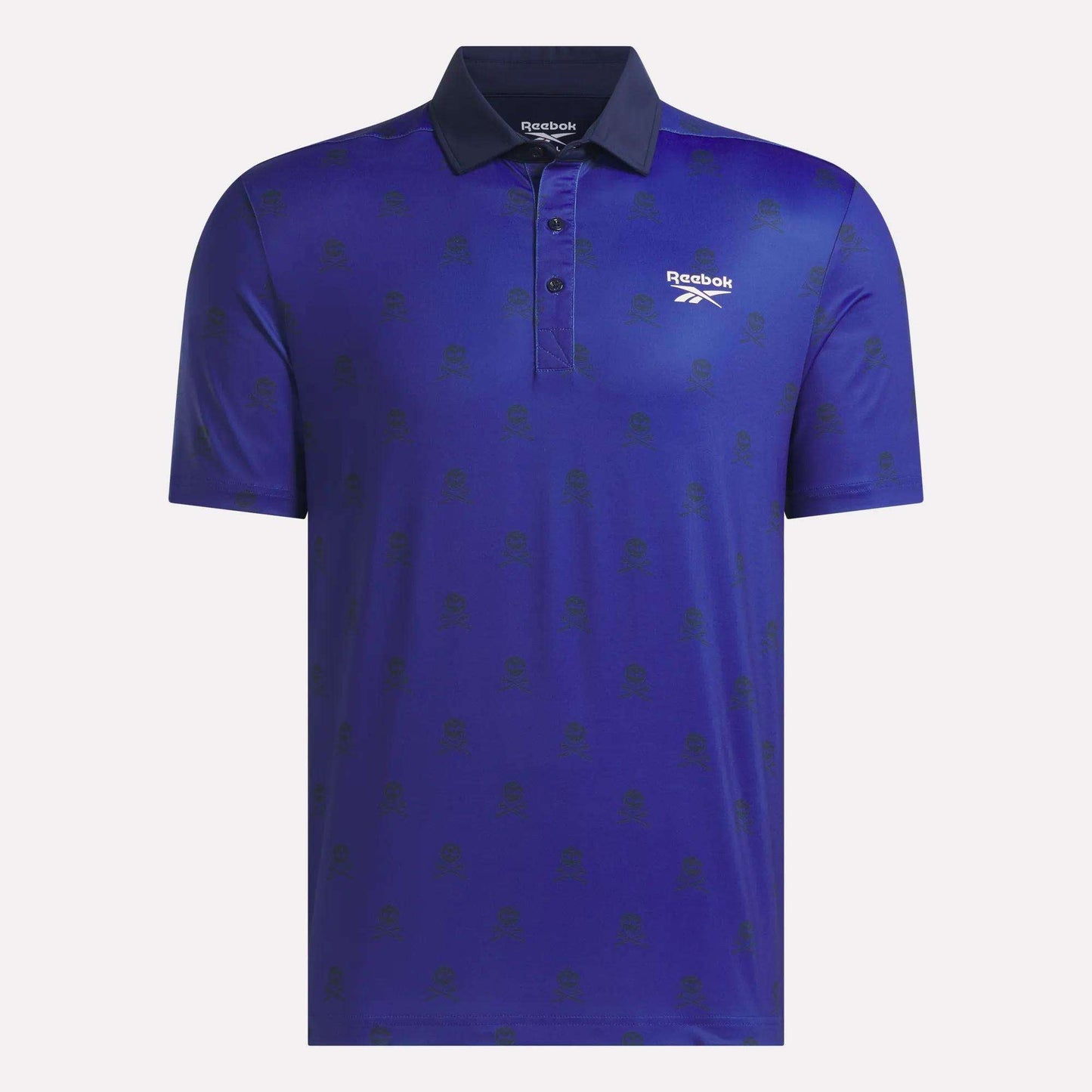 A blue Reebok Men's Crushers Polo Shirt with a collar and buttons, featuring the Reebok logo on the left chest and a subtle patterned design throughout the fabric—perfect for adding classic golf style to your wardrobe.