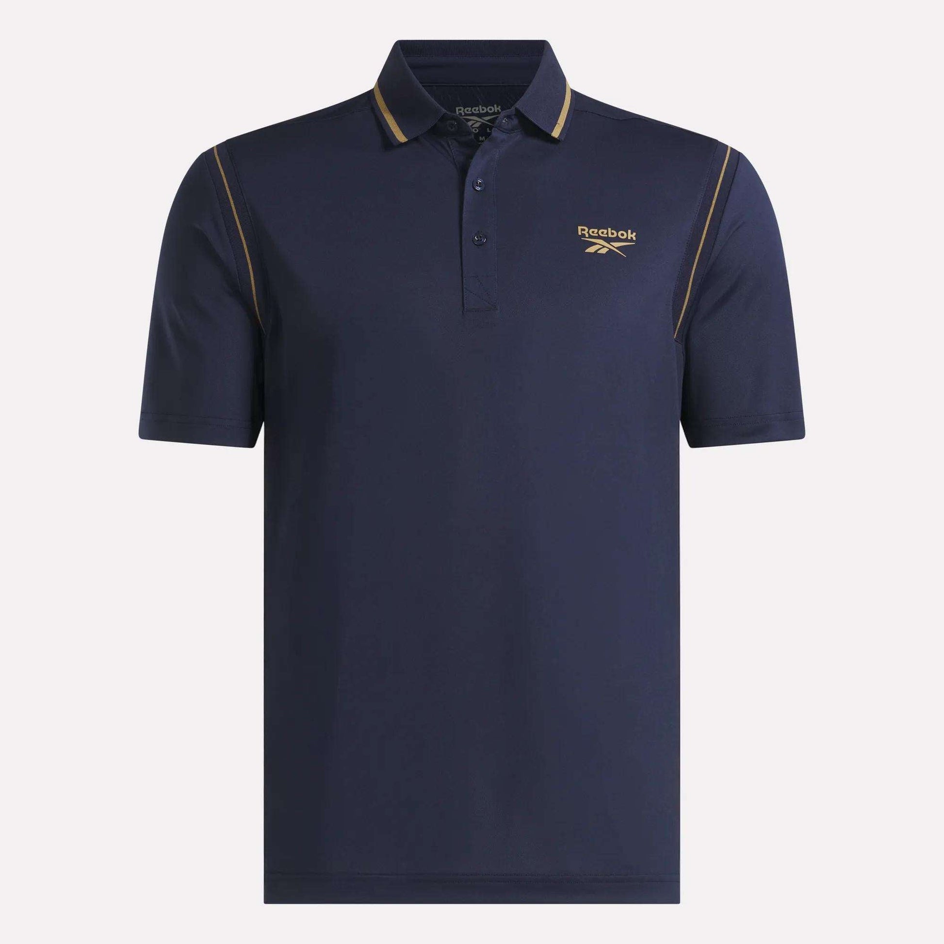 The Men's Varsity Polo Shirt by Reebok is a navy blue golf polo for men, featuring short sleeves, a three-button placket, yellow piping on the shoulders, and a yellow Reebok logo on the left chest; this UPF-rated polo combines style with sun protection for active days.