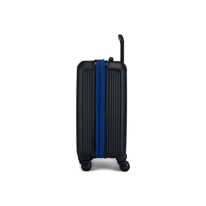 The Reebok Action Duo 2 Piece Luggage Set is shown upright from the side, featuring a black lightweight suitcase with vertical grooves, blue zipper, four spinner wheels, and an extended handle on a plain white background.