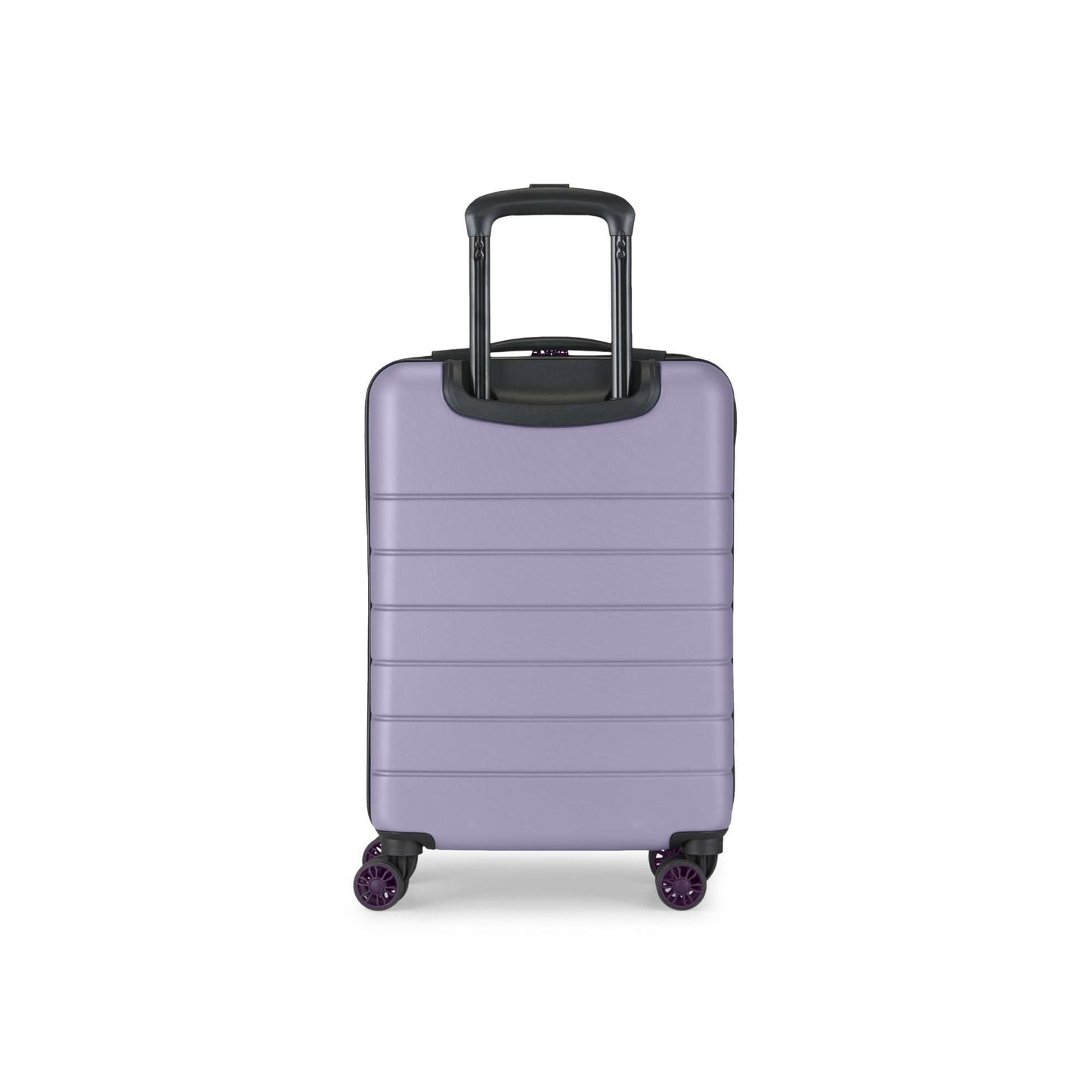 The Reebok Captain 2 Piece Luggage Set is shown upright against a white background, featuring a durable hard shell, light purple color, spinner wheels, and a black retractable handle.