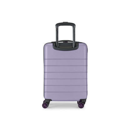 The Reebok Captain 2 Piece Luggage Set is shown upright against a white background, featuring a durable hard shell, light purple color, spinner wheels, and a black retractable handle.
