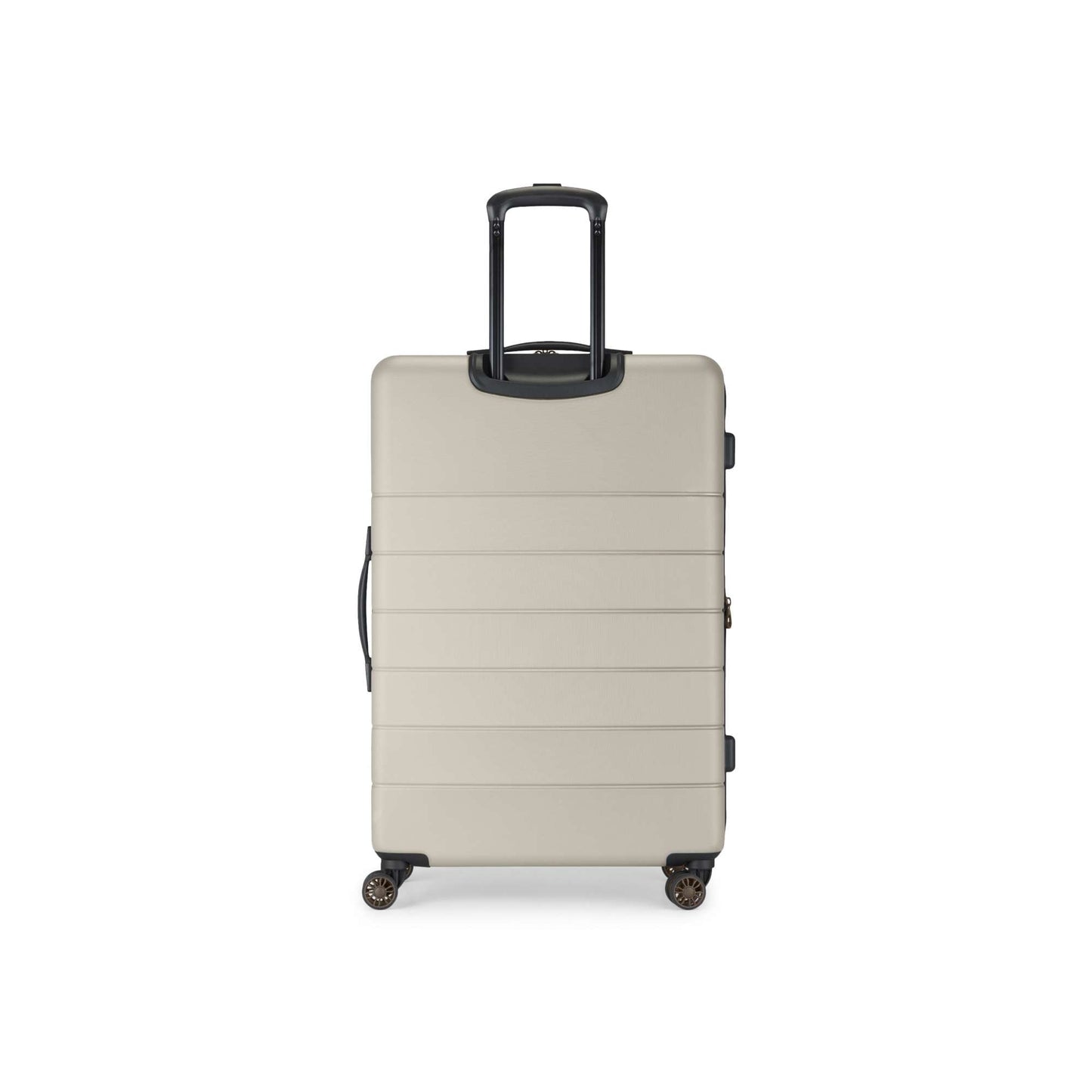 A grey suitcase with wheels.