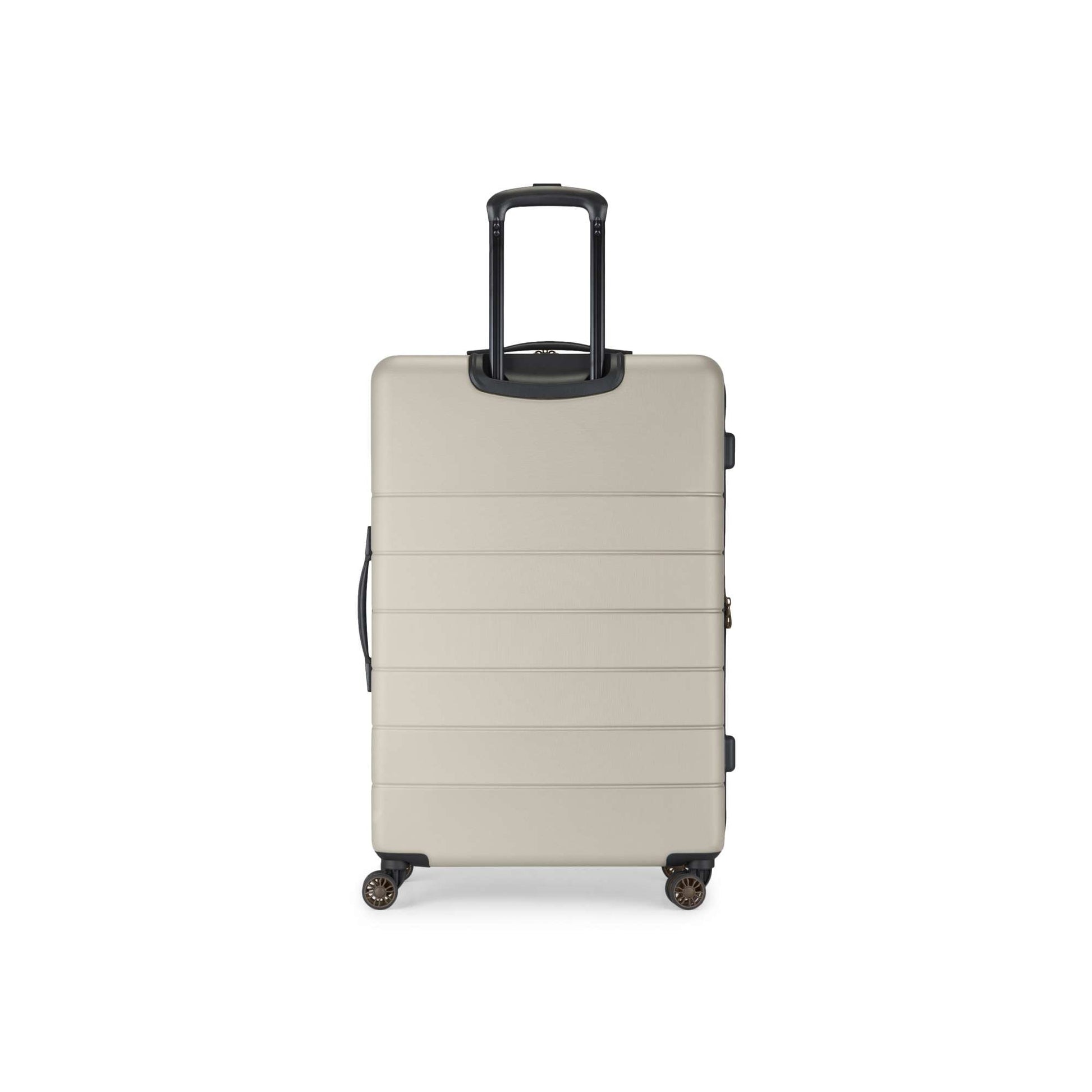 A grey suitcase with wheels.