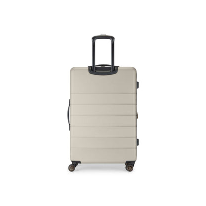 A grey suitcase with wheels.