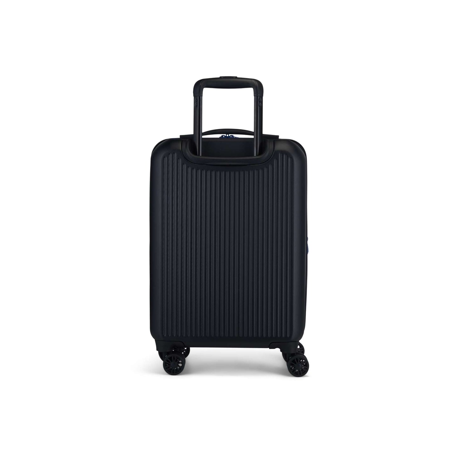 The Reebok Action Duo 2 Piece Luggage Set features a black lightweight suitcase with vertical grooves, four smooth spinner wheels, and an extended handle, shown standing upright against a plain white background.