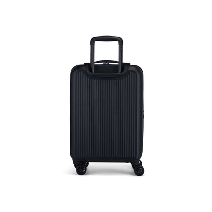 The Reebok Action Duo 2 Piece Luggage Set features a black lightweight suitcase with vertical grooves, four smooth spinner wheels, and an extended handle, shown standing upright against a plain white background.