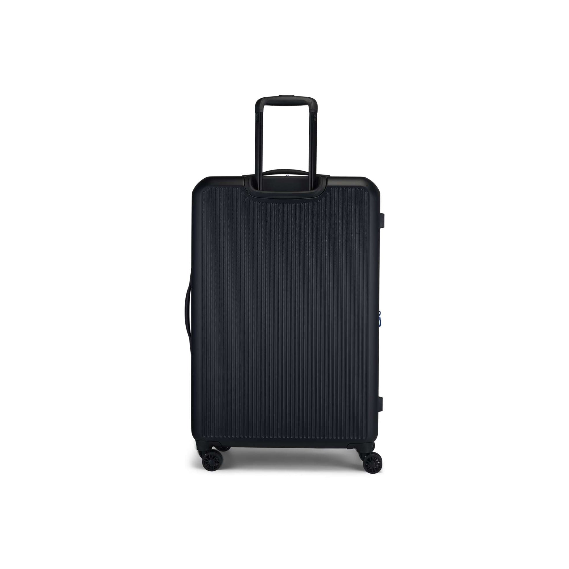 The Reebok Action Duo 2 Piece Luggage Set features large, black hard-shell suitcases with a ribbed texture, telescopic handles, four spinner wheels, and convenient side handles, shown upright on a white background.