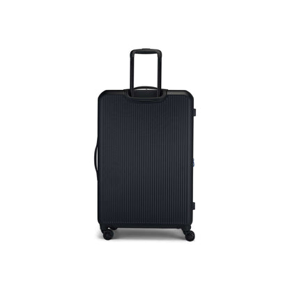 The Reebok Action Duo 2 Piece Luggage Set features large, black hard-shell suitcases with a ribbed texture, telescopic handles, four spinner wheels, and convenient side handles, shown upright on a white background.