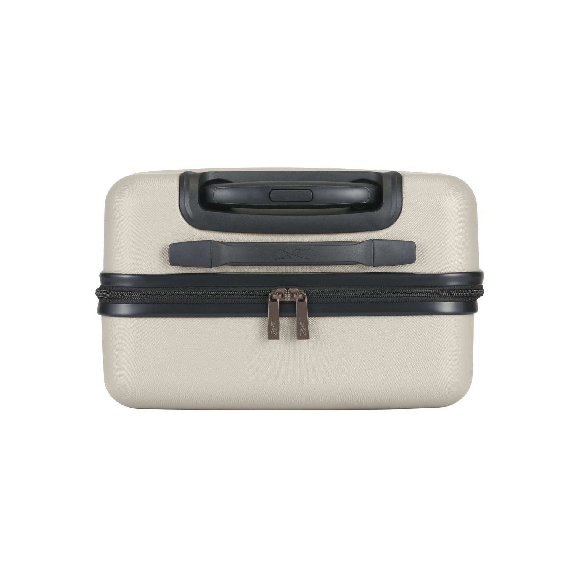 The Reebok Captain 2 Piece Luggage Set features a beige hard-shell design with black handles and zippers, minimalist style, durable build, and smooth spinner wheels for easy mobility. Shown against a white background.