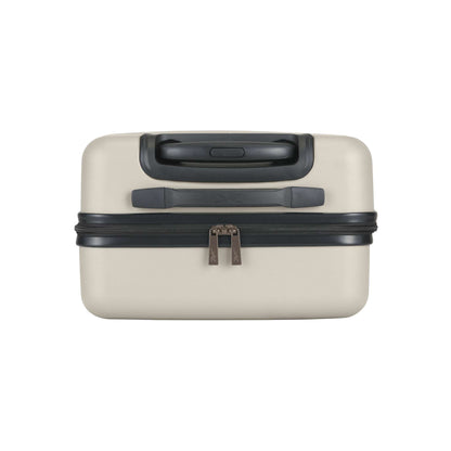 The Reebok Captain 2 Piece Luggage Set features a beige hard-shell design with black handles and zippers, minimalist style, durable build, and smooth spinner wheels for easy mobility. Shown against a white background.