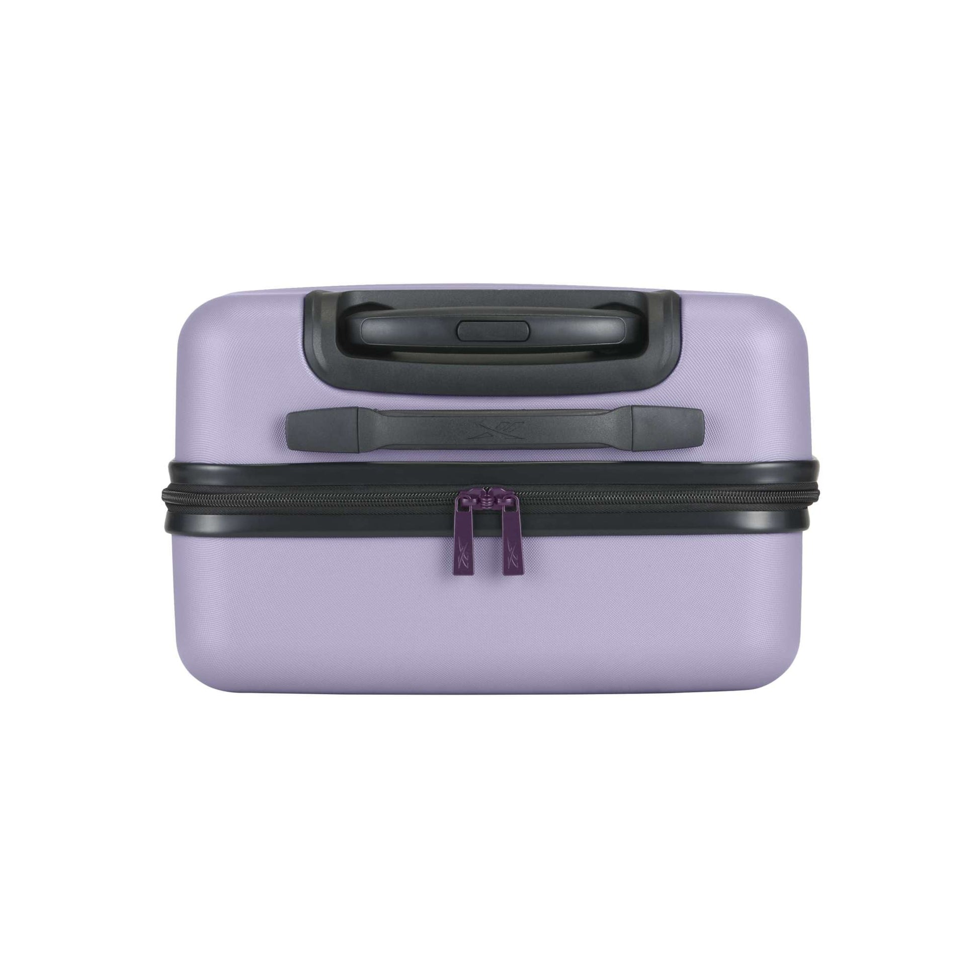 The Reebok Captain 2 Piece Luggage Set is shown—a small hard-shell suitcase in light purple with a black handle, zipper, and spinner wheels—set against a plain white background.