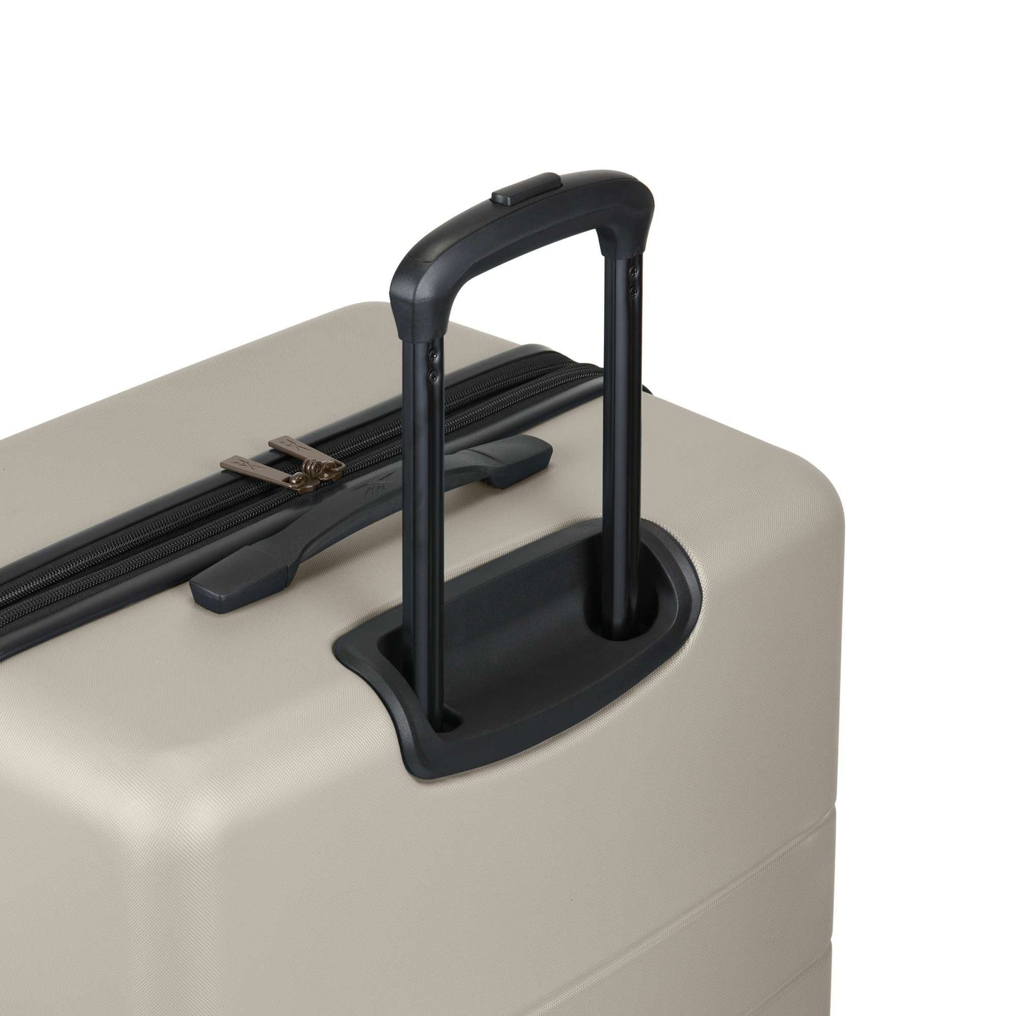 A close-up of a beige hard-shell suitcase with a black telescopic handle extended and a black zipper along the top.