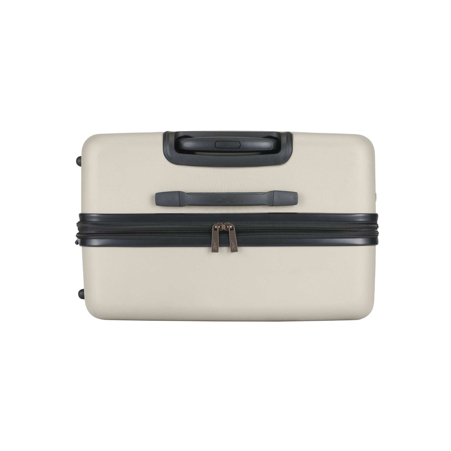 A beige hard-shell suitcase with a black zipper, black handle, and gray accent handle, viewed from the top against a white background.